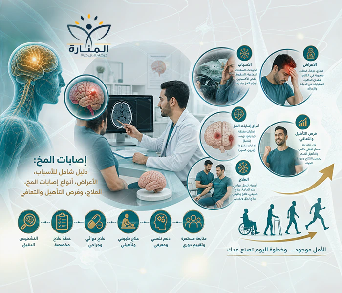 إنفوجرافيك يوضح نظرة عامة على إصابات المخ من الأسباب والأعراض حتى التأهيل