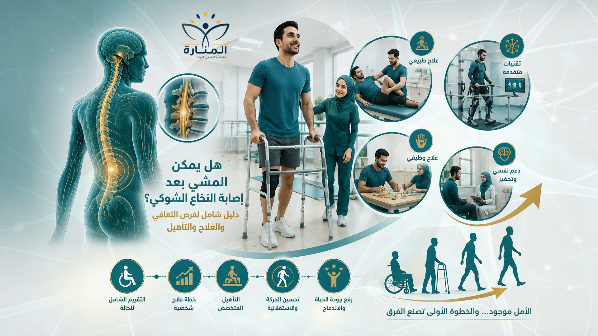 هل يمكن المشي بعد إصابة النخاع الشوكي؟ دليل شامل لفرص التعافي والعلاج والتأهيل في مركز المنارة