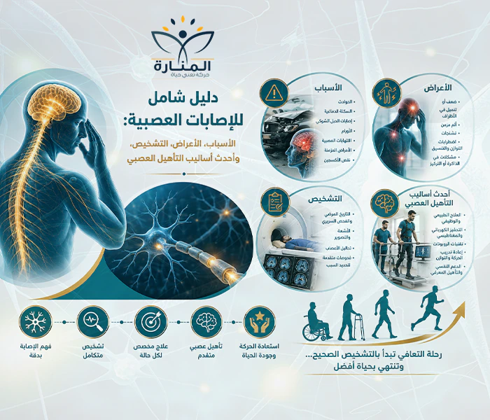 إنفوجرافيك يوضح نظرة عامة على الإصابات العصبية وأهمية التأهيل المبكر