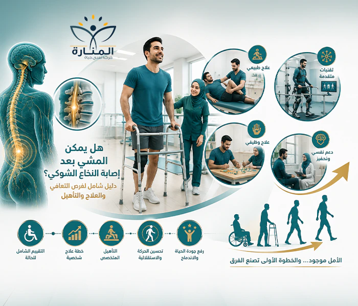 إنفوجرافيك عن إصابة النخاع الشوكي وفرص المشي والتأهيل في مركز المنارة